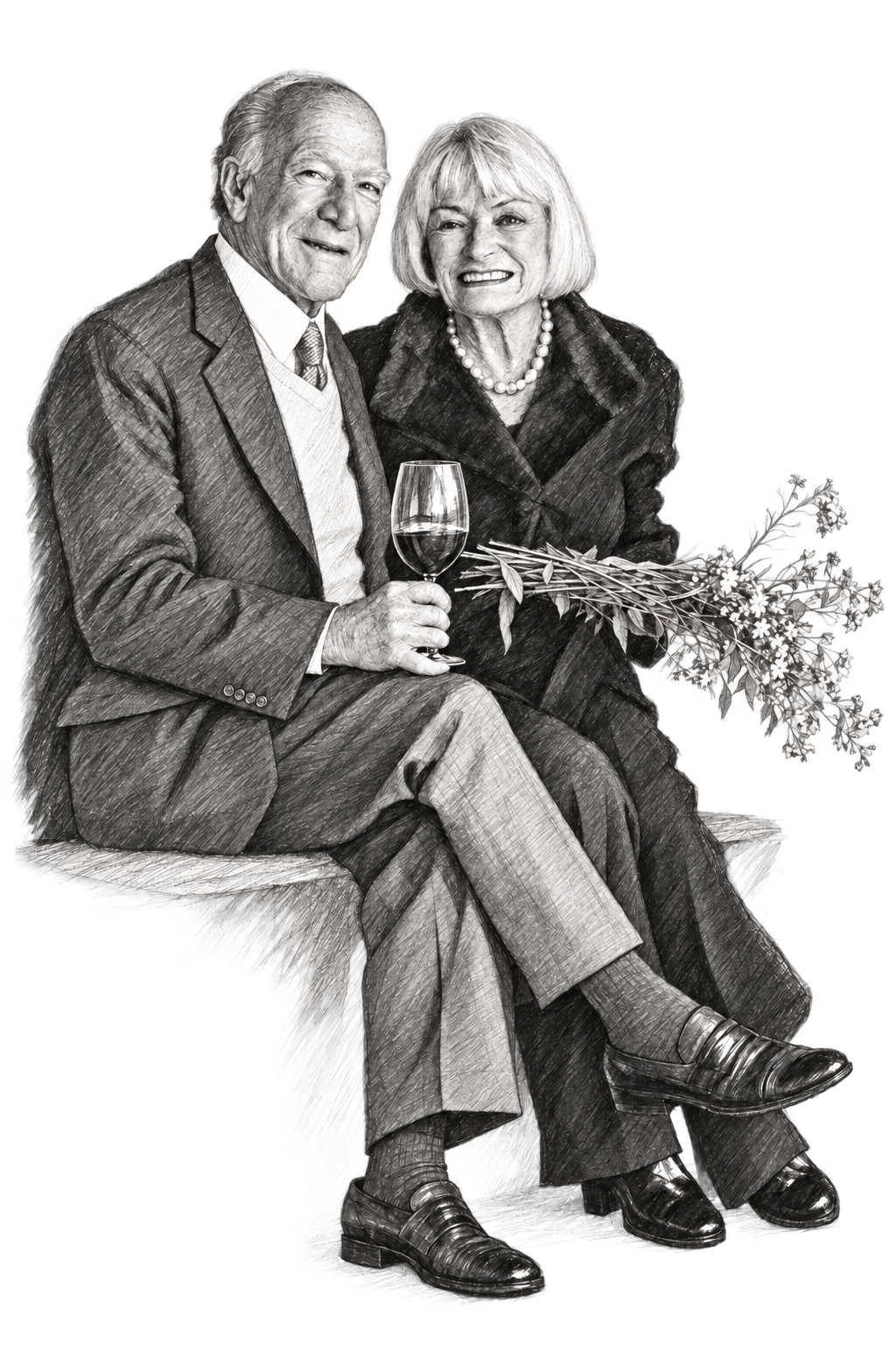 Hand-drawn pencil sketch of Robert Mondavi and Margrit Mondavi seated together with a glass of wine and flowers